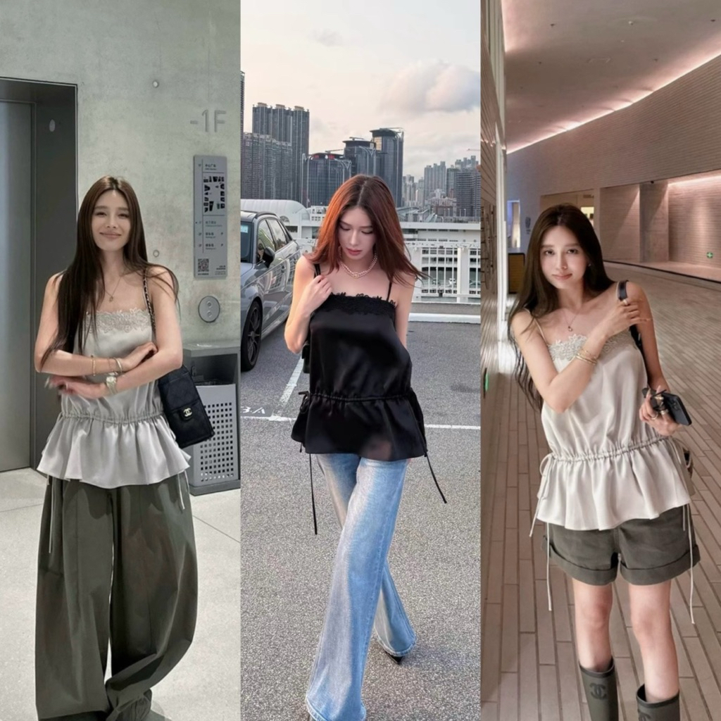 📍pre📍9907 เสื้อสายเดี่ยวผ้าซาติน สายปรับได้ แต่งลูกไม้ช่วงอก มีเชือกรูดช่วงเอว เนื้อดี งานสวย TAG:WG.WE 🇰🇷