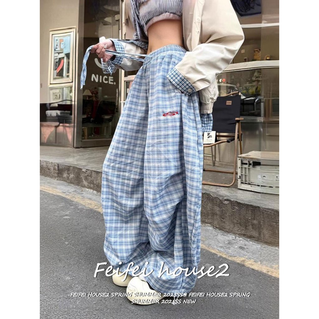 [Feifei-Summer plaid long pants]กางเกงขายาวกว้างขาลายตารางสีตัดกันรอยย่นสไตล์ถนนอเมริกัน