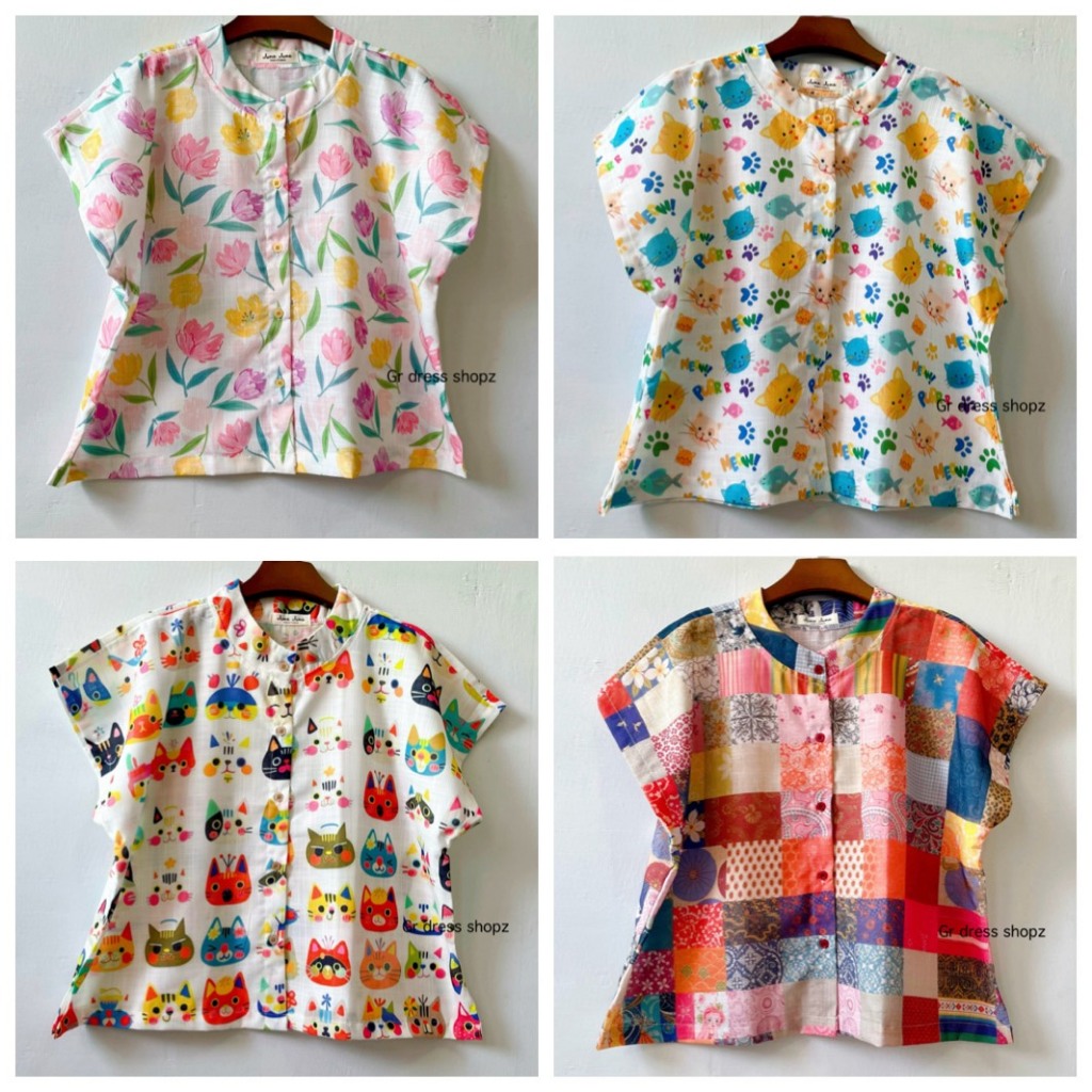 ป้าย June เสื้อคอจีนผ้าฝ้ายพิมพ์ลาย อก 44 นิ้ว ยาว 22.5 นิ้ว