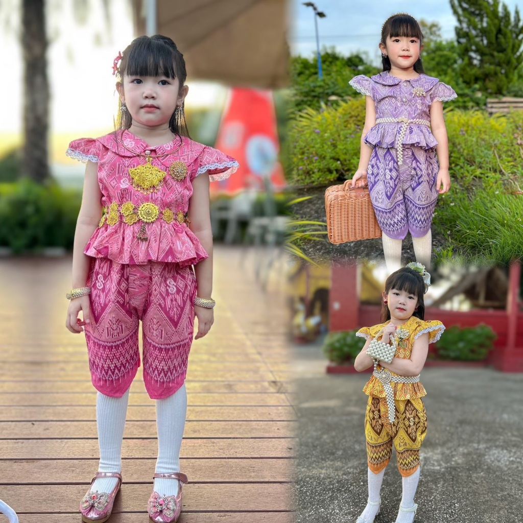 ชุดไทยเด็กผู้หญิง คอบัว แขนแต่งลูกไม้ คู่โจงกระเบน (ลายตะขอใหญ่)-ผู้หญิง