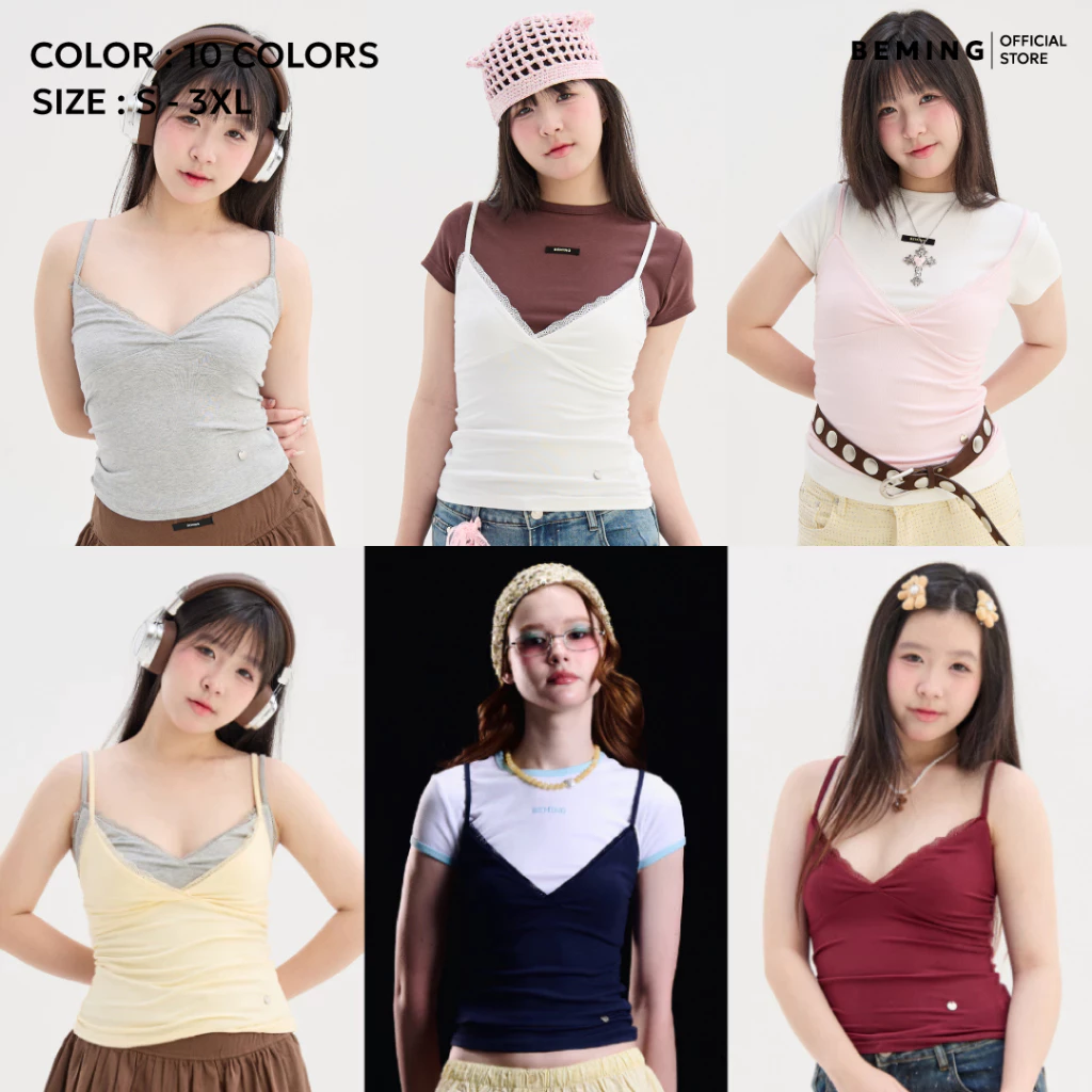 Bemingtop1141(S-3XL) - BMG Vian Lace Top - สายเดี่ยวทรงเข้ารูป ดีไซน์คอวีแต่งระบายลูกไม้