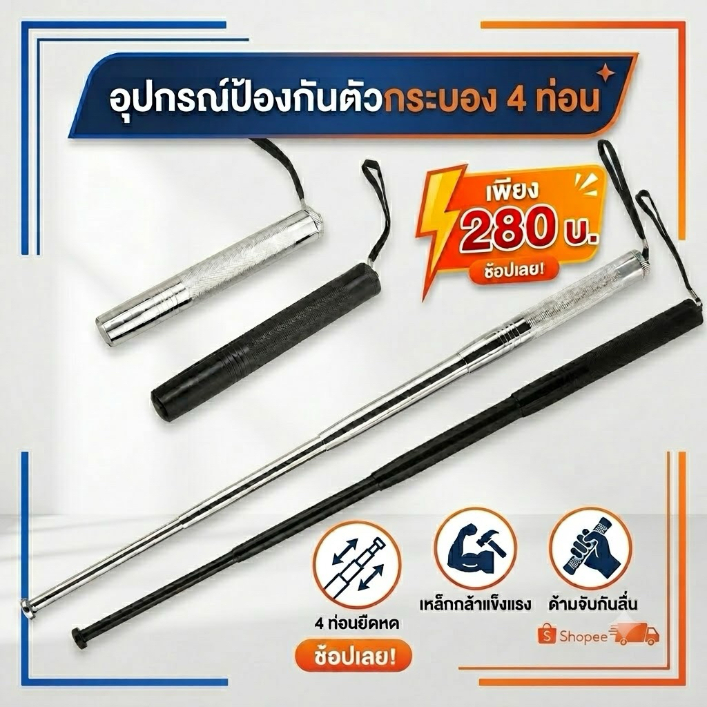 อุปกรณ์ป้องกันตัว กระบองดิ้ว4ท่อนพร้อมซองหนัง