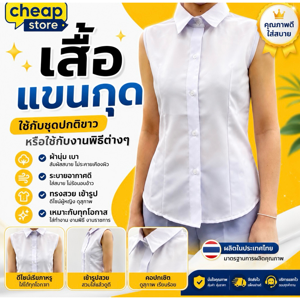 เสื้อเชิ้ตแขนกุดสีขาว เสื้อแขนกุดใส่ทับในสูท ผลิตในไทย ราคาถูก คุณภาพดี พร้อมส่งทุกวัน