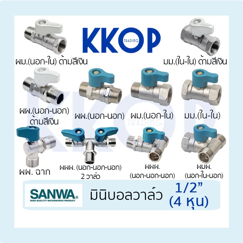 มินิบอลวาล์ว บอลวาวล์ บอลวาล์วสองทาง ผม. มม. ผผ. ผผ.ฉาก ซันวา SANWA ขนาด 1/2" ยกกล่อง (20 ตัว)