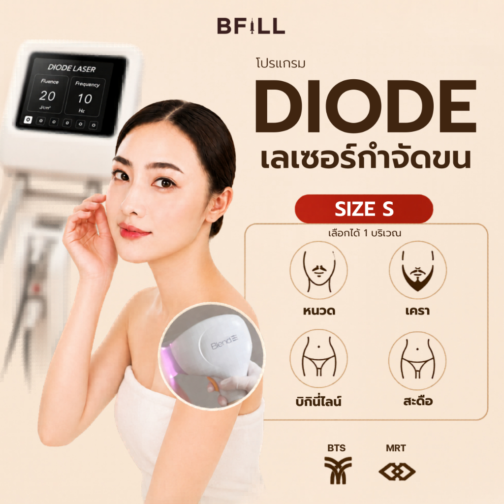 BFiLL โปรแกรม Diode Laser กำจัดขน Size S ขนหนวด,เครา,สะดือ ลดขนขึ้นไว ตอขนชัด ขนคุด เลเซอร์ขนบีฟิล