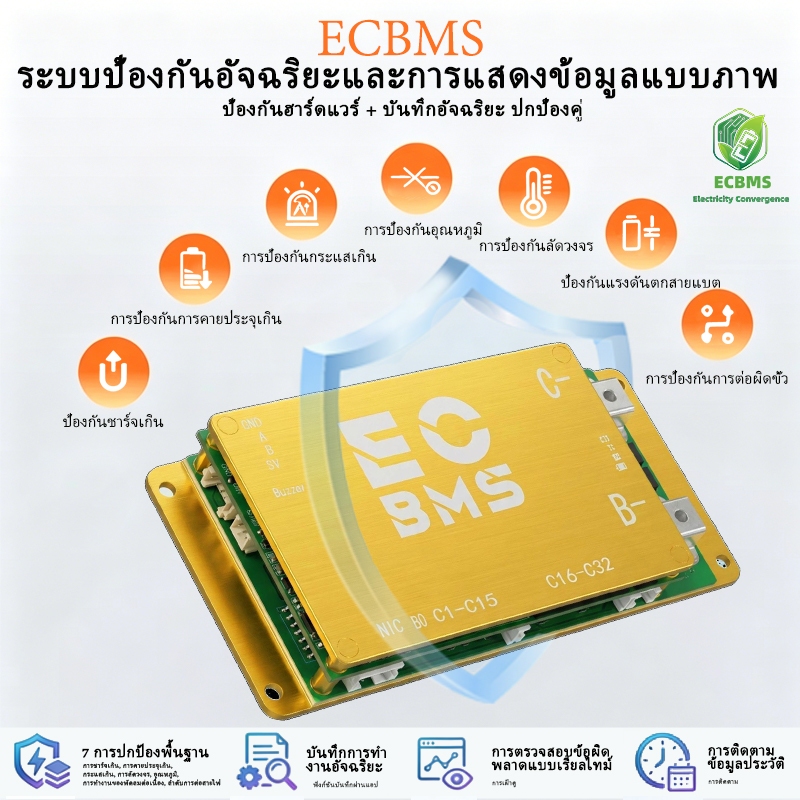 16S 60A แผ่นป้องกันแบตเตอรี่ แบลูทูธ ECBMS Mini BMS With APP For Sodium LTO LiFePO4 Battery Cell Pac