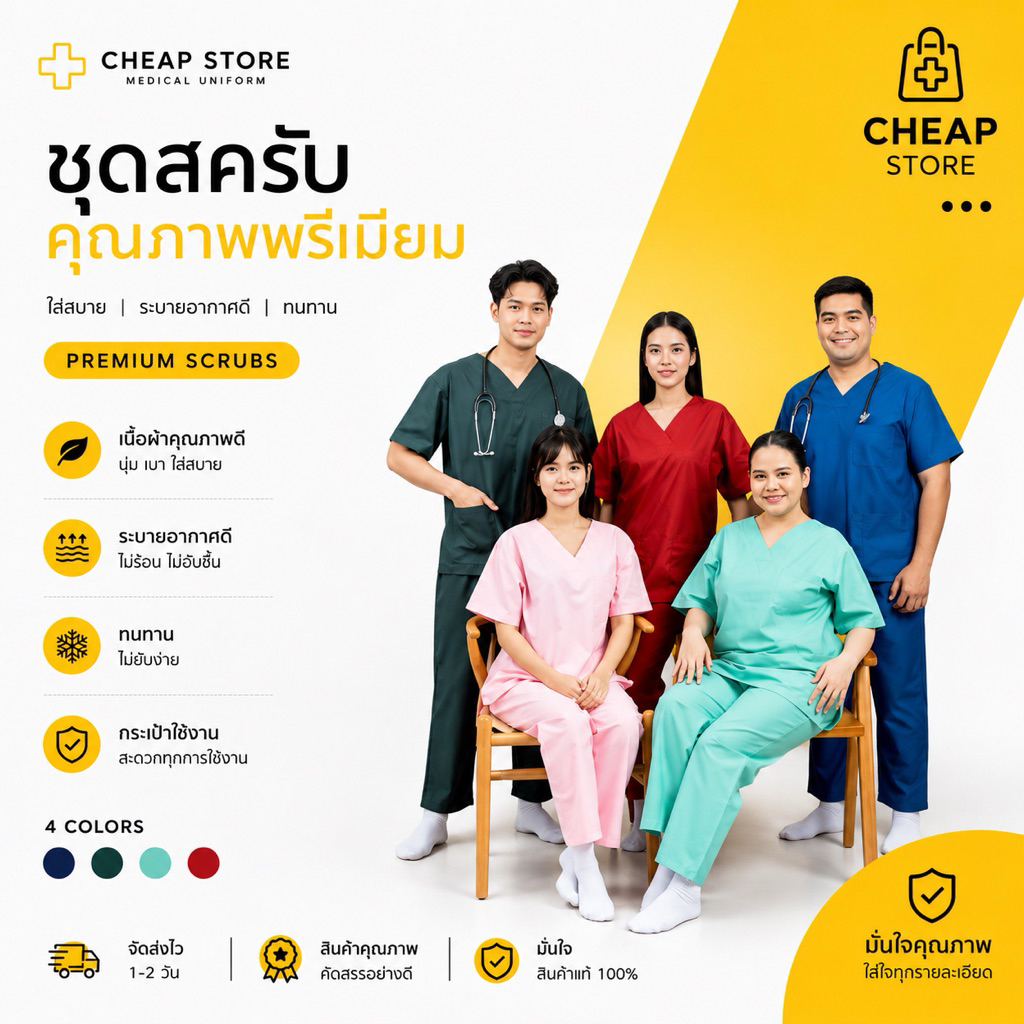 ชุดสครับ ชุดแพทย์ ทั้งชุด ผ้าคอมทวิว ผ้านิ่ม ไม่บาง ไม่แข็ง พร้อมส่ง