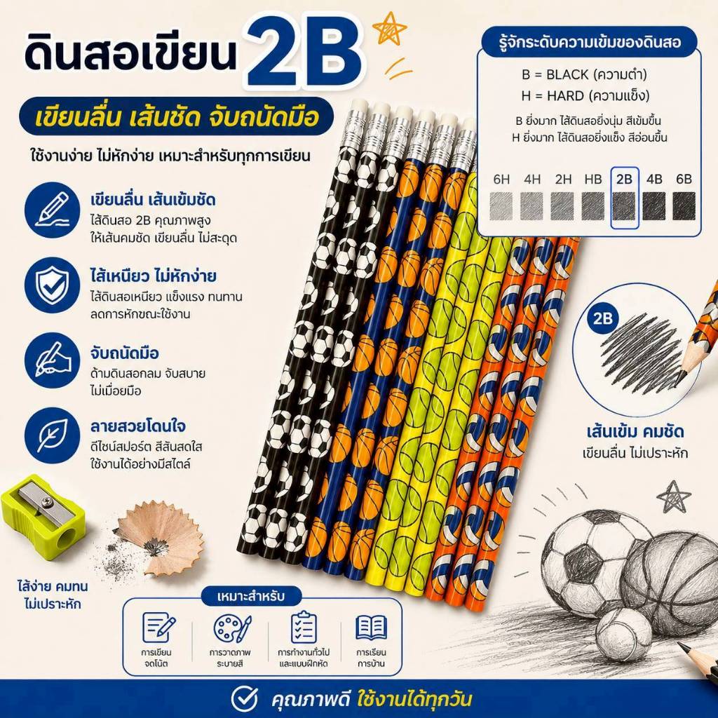 ดินสอไม้ 2B ดินสอเขียน 12 แท่ง คละลาย คละกล่อง อุปกรณ์การเรียน มีกบเหลา พร้อมส่งจากไทย