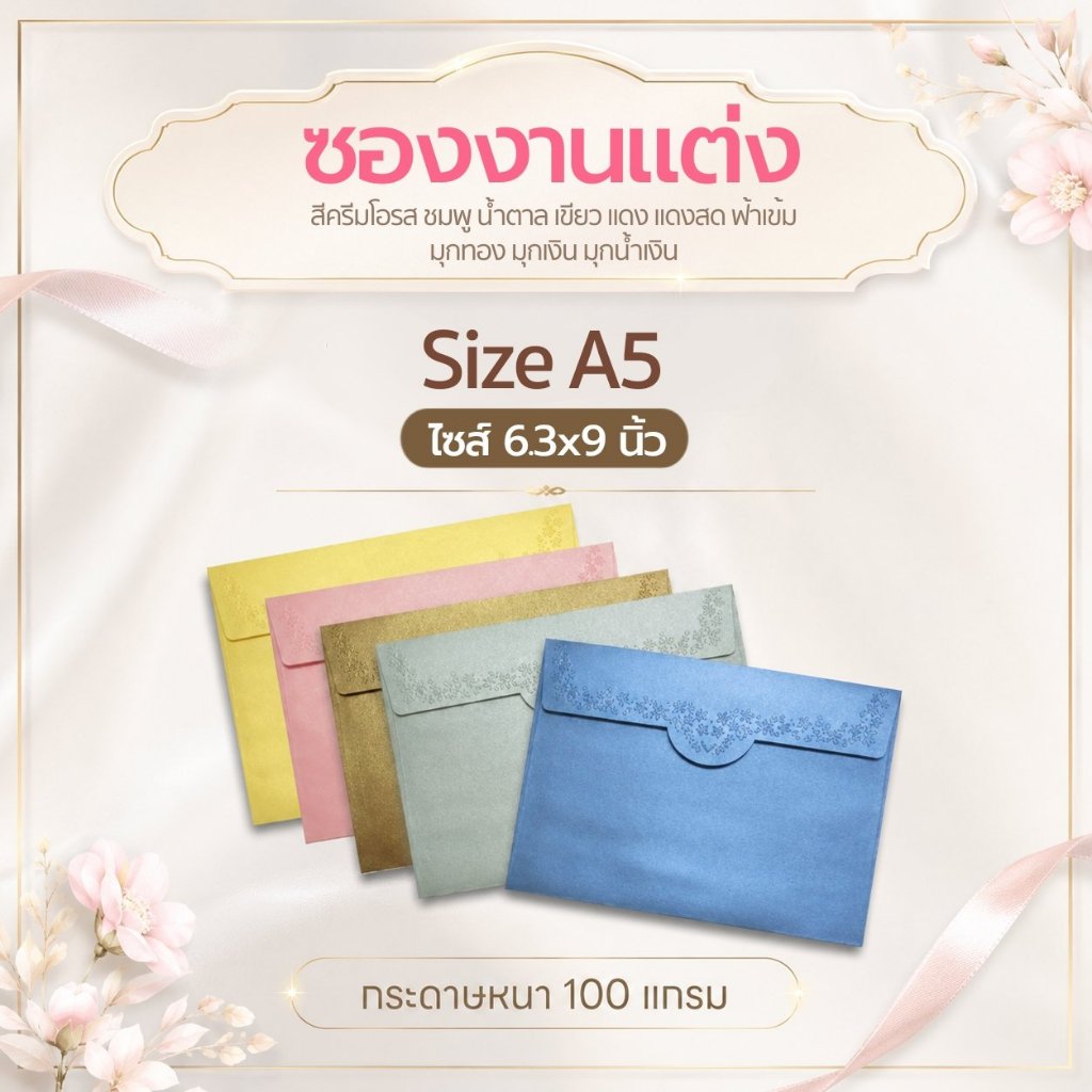 ซองแนวตั้งใส่การ์ดแต่งงานสีมุก Premium ซองใส่การ์ดเชิญ ซองใซส์ A5 ขนาด 6.5*9นิ้ว /16x23 cm. แพ็ค 50 ใบ