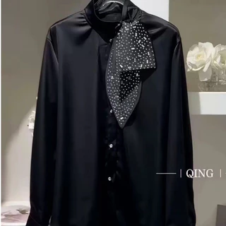 99432ส่งจากไทย เสื้อเชิ้ตผ้าซาตินแขนยาวสไตล์หรูหรามีสายผูก ผู้หญิง มีเนคไทประดับลูกปัด สีพื้น คอปก เหมาะใส่ทำงานประจำวัน