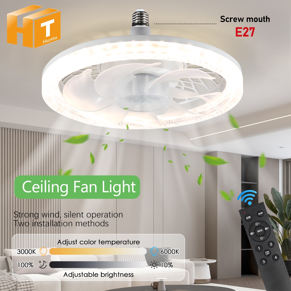 LED Ceiling Fan Light พัดลมเพดานไฟ 45W ลมแรงการทำงานเงียบสองวิธีการติดตั้ง 3/4/6000K ปรับความสว่างได้ E27 ไม่มีแฟล