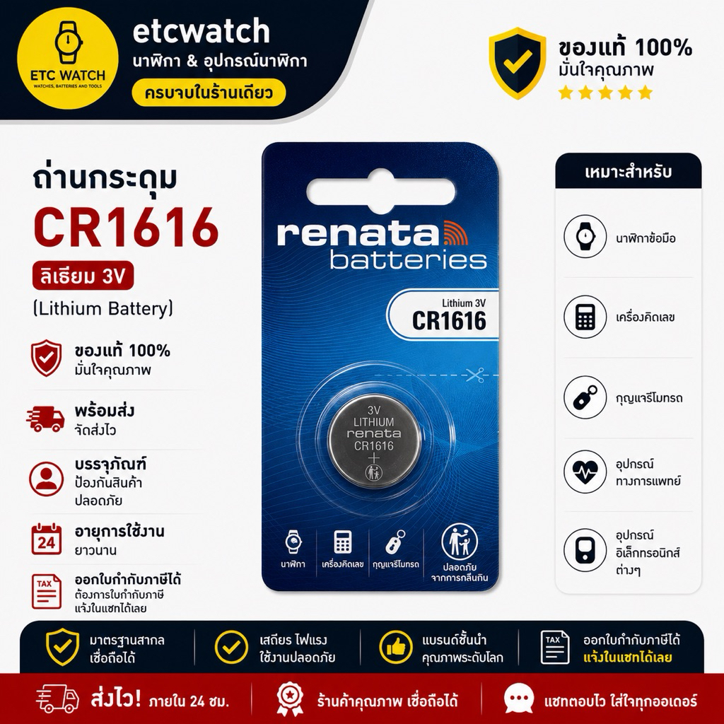 พร้อมส่ง > ถ่านกระดุม Renata CR1616 1 ก้อน Swiss Made