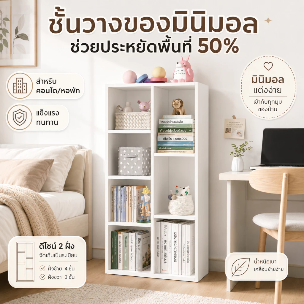 CC ตู้หนังสือ ชั้นวางหนังสือ ตู้เก็บของในบ้าน ใช้เป็นผนังโชว์เก็บของได้ สะดวกต่อการหยิบของขณะนั่ง ดีไซน์เตี้ยและเปิดโล่ง thumbnail 3
