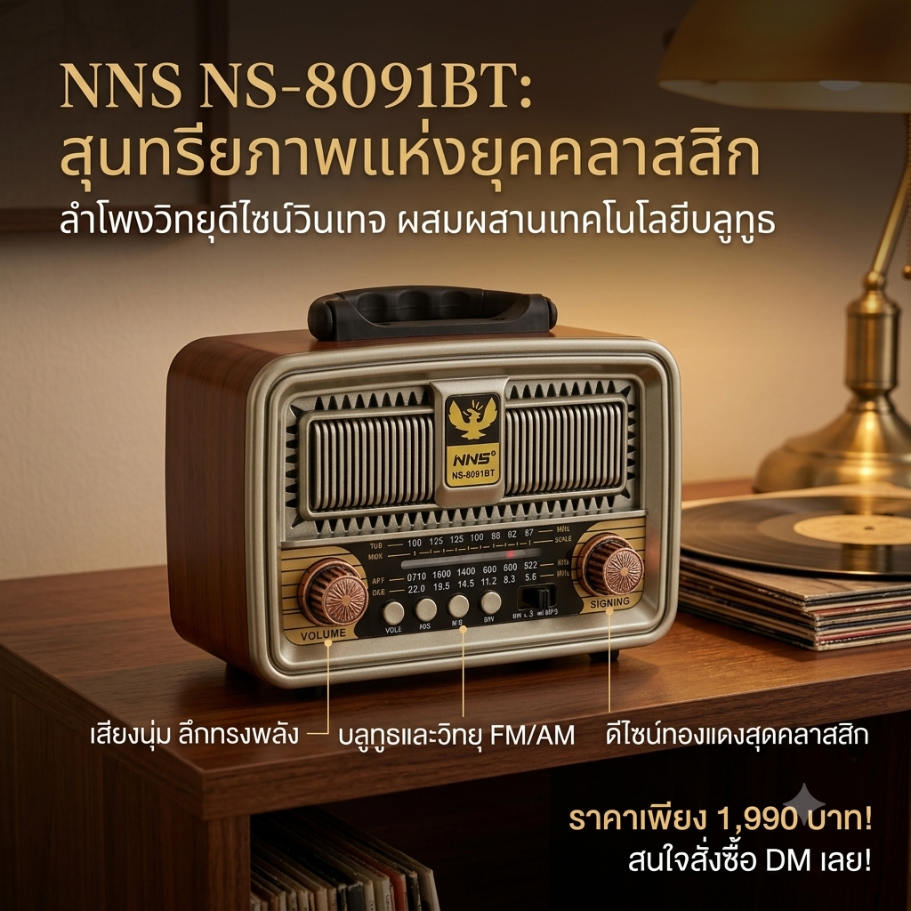 "สุดคุ้ม" วิทยุ-บลูธูท ทรงคราสสิก (NS-8091BT) รับฟังFm Am Sw Bluetooth Mp3 พร้อมสายชาจ/พกพาสะดวก