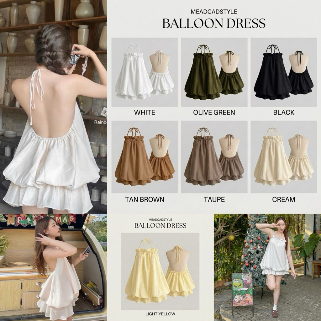 💗เดรสผูกคอทรงจั๊มเปิดหลังทรงบอลลูนงานน่ารักพองๆผ้าใส่สบาย💗