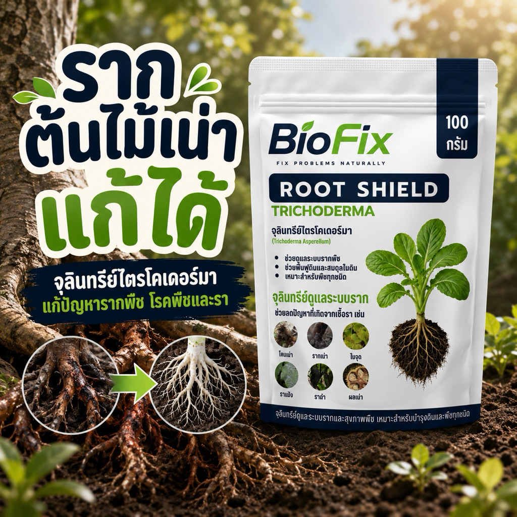 BioFix Root Shield 100g จุลินทรีย์ไตรโคเดอร์มา ดูแลรากพืชและดินปลูก ฟื้นฟูดิน ทุเรียน ผัก ไม้ผล ดอก