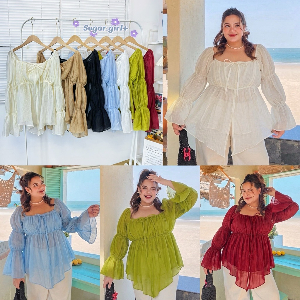 /SG/ เสื้อญาญ่า มีไซส์อก38-60 ผ่าหน้า มีเชือกผูกโบว์หรือผูกคอได้ ผ้าบางพริ้ว ใส่สบาย #สาวอวบอ้วน พลัสไซส์
