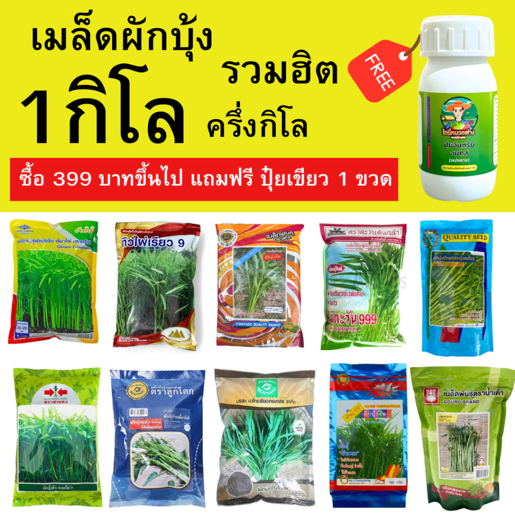รวมเมล็ดผักบุ้ง 1 กิโล หลากหลายยี่ห้อ ซื้อ 399 ขึ้นไปแถมฟรี ปุ๋ยเขียว 50cc 1 ขวด