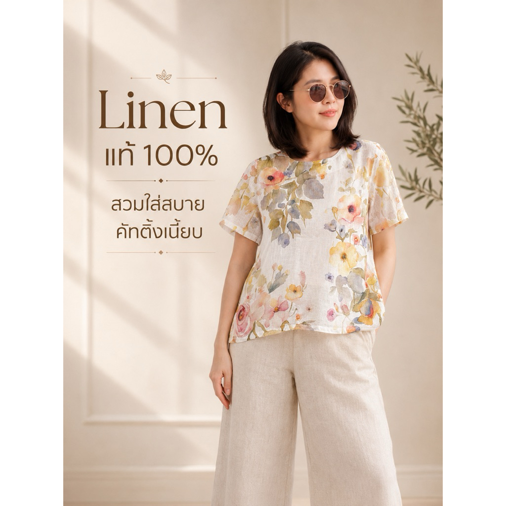 เสื้อลินินแท้สไตล์ผู้ใหญ่คอกลมโบว์หลังลินินแท้ 100%ทรงสวย มีอก38-42“🆕