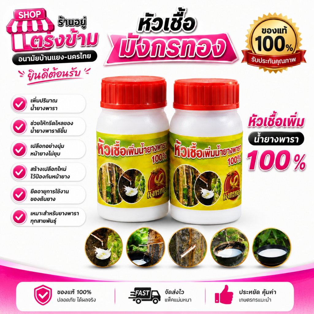 หัวเชื้อมังกรทอง เพิ่มน้ำยาง มี 2 ขนาด ให้เลือก 100ml/250ml ช่วยให้การไหลของน้ำยางพาราดีขึ้นอย่างต่อเนื่อง เร่งน้ำยาง