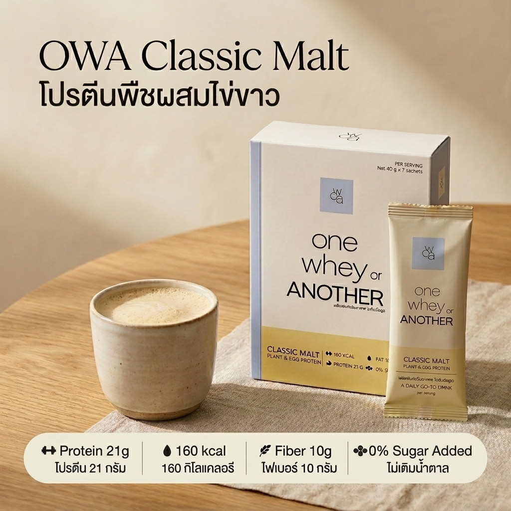 OWA Classic Malt Plant & Egg Protein 21g โปรตีนพืชและไข่ 160 kcal ไฟเบอร์ 10g 7 ซอง