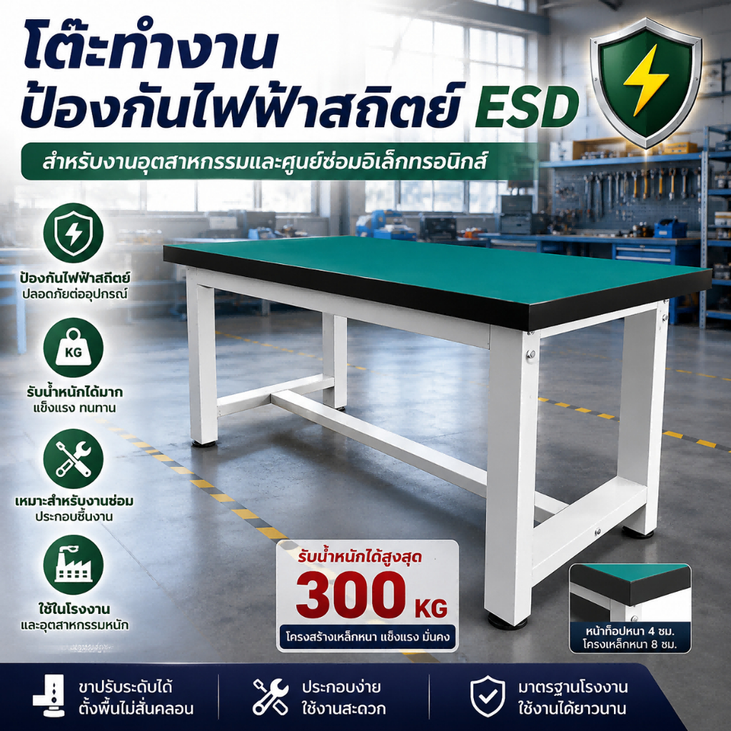 โต๊ะป้องกันไฟฟ้าสถิตย์ ESD โต๊ะทำงาน โต๊ะช่าง โต๊ะโรงงาน โต๊ะซ่อมอิเล็กทรอนิกส์ โต๊ะประกอบชิ้นงาน Workbench รับน้ำหนักสู