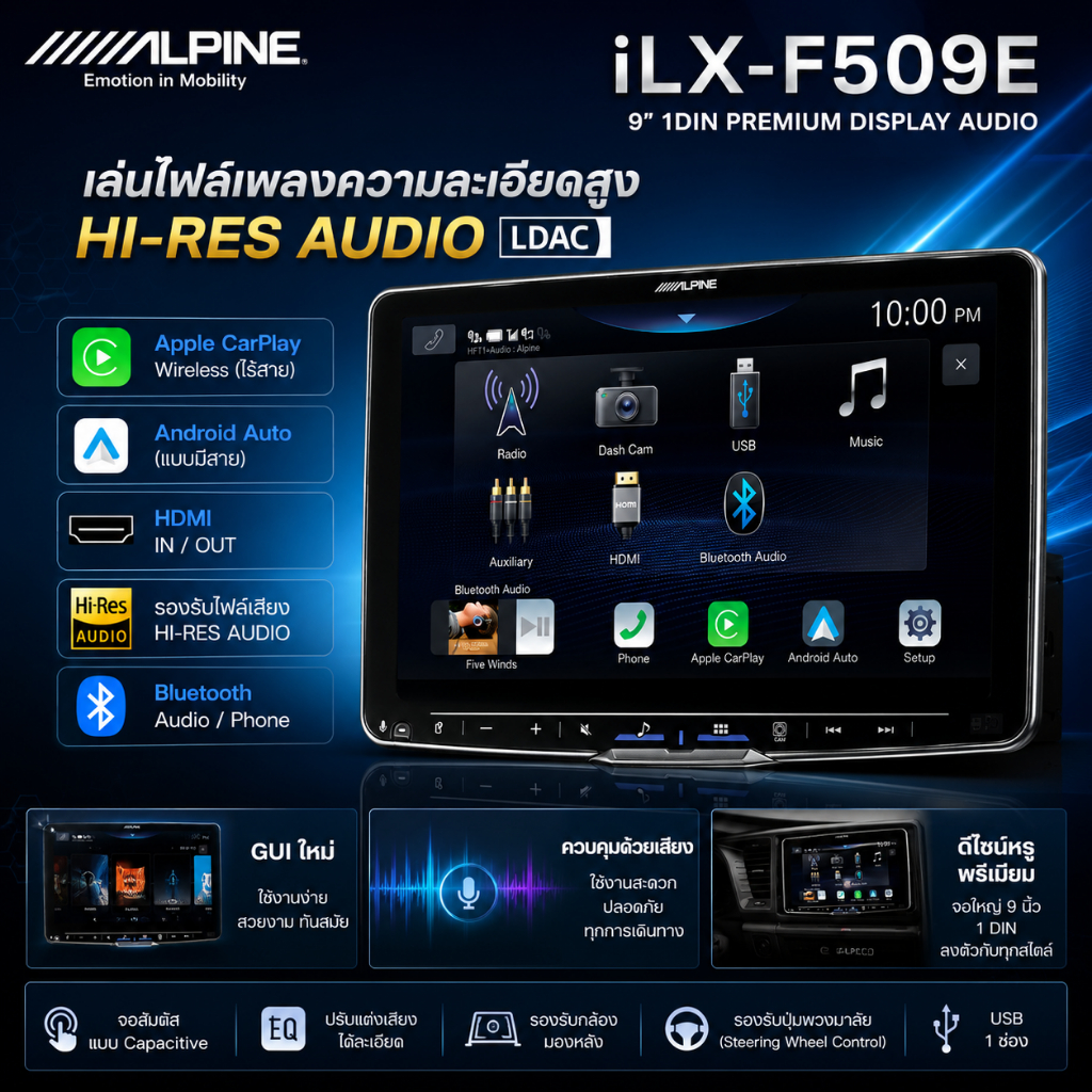เครื่องเล่น 9 นิ้ว ALPINE iLX-F509E 1DIN ดีไซน์หรู ดูดีมีระดับ แถมกล้องถอยหลังรถยนต์+เสื้อ T-SHIRT