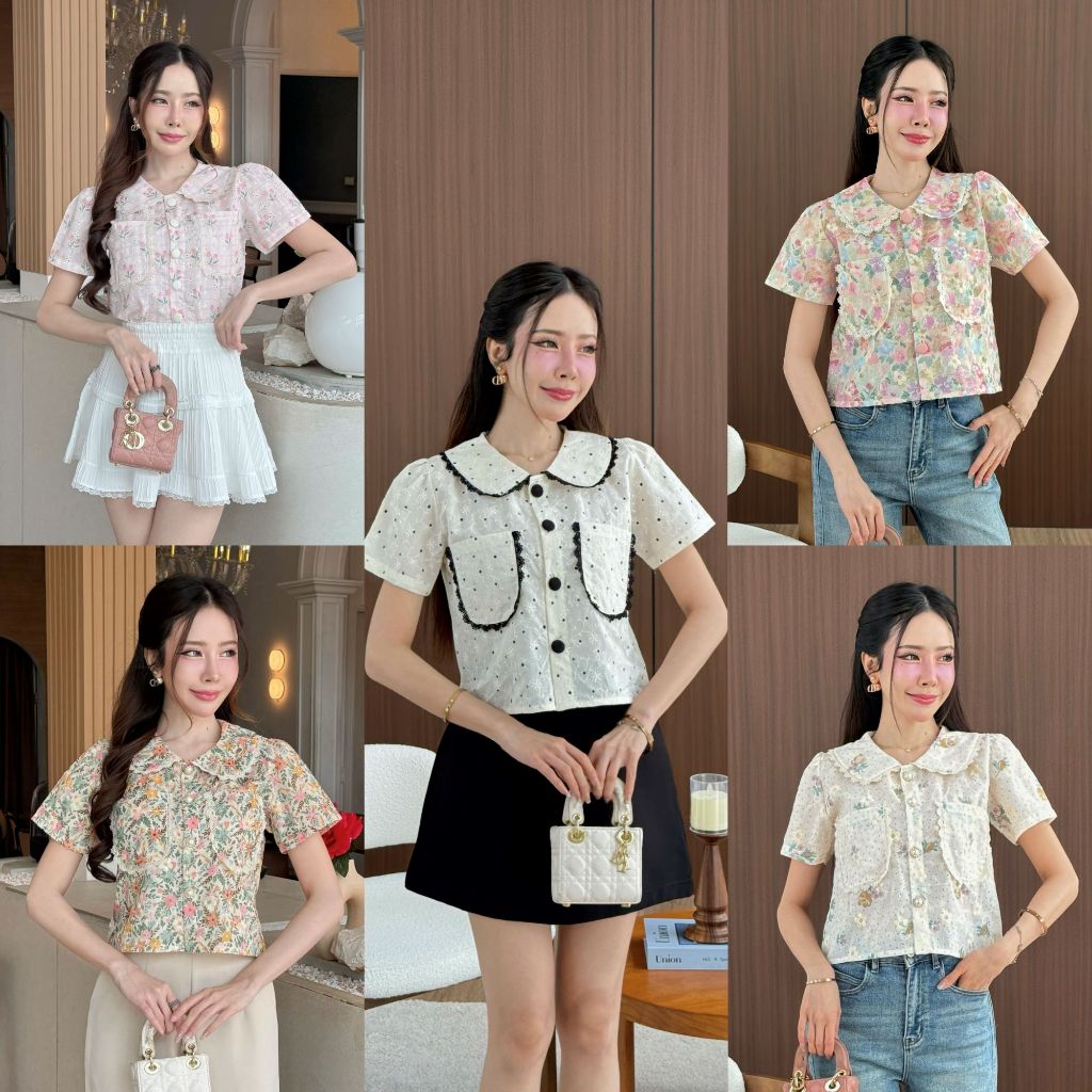 [S-XXL]เสื้อคอบัวครอปผ้าคอตตอลปักดอกแต่งลูกไม้
