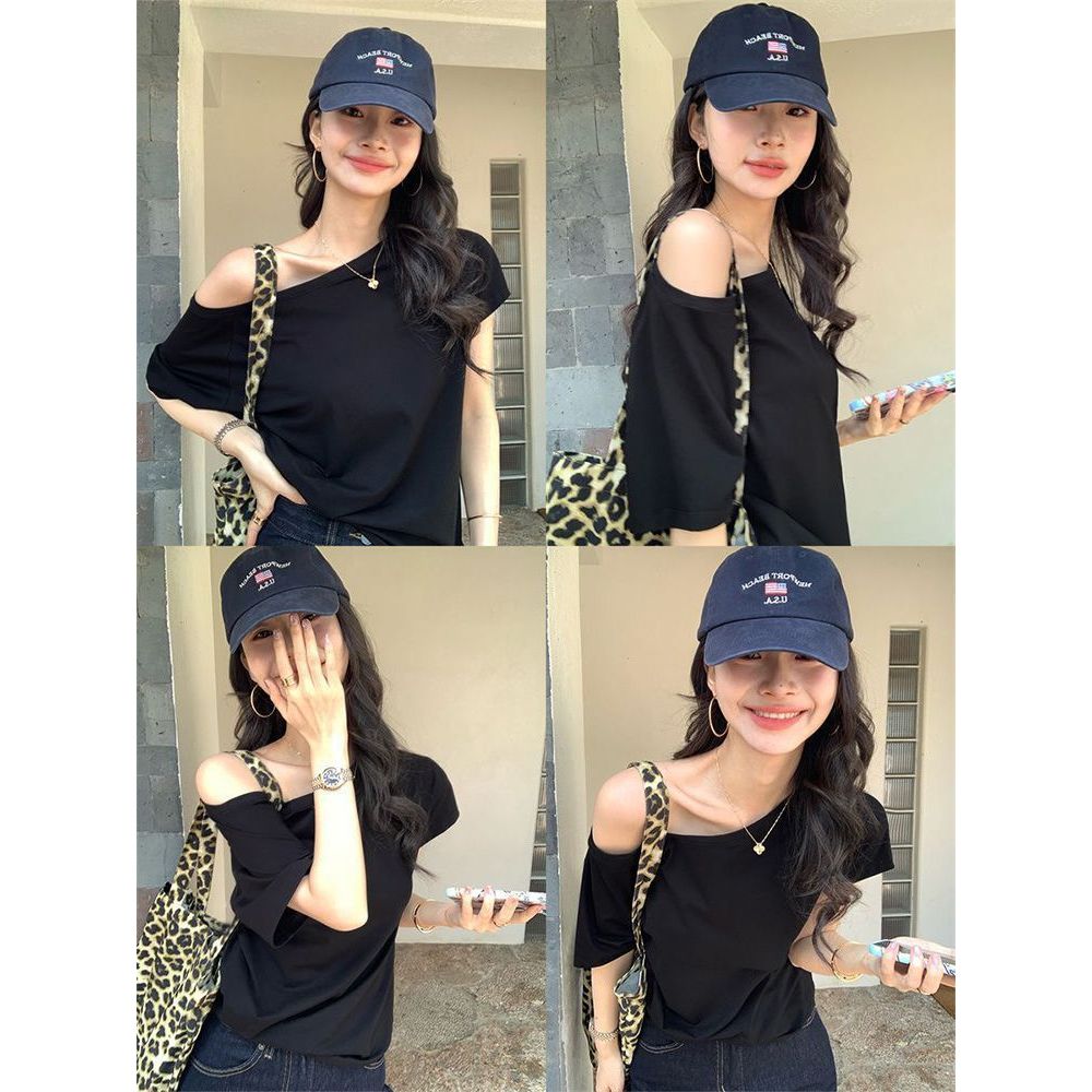 เสื้อเปิดไหล่ผู้หญิง แขนสั้นโอเวอร์ไซซ์ เสื้อคอกว้างแฟชั่นเกาหลี ผ้านุ่ม ใส่สบาย เสื้อยืดลำลอง ทรงหลวม แขนสั้นสีพื้น