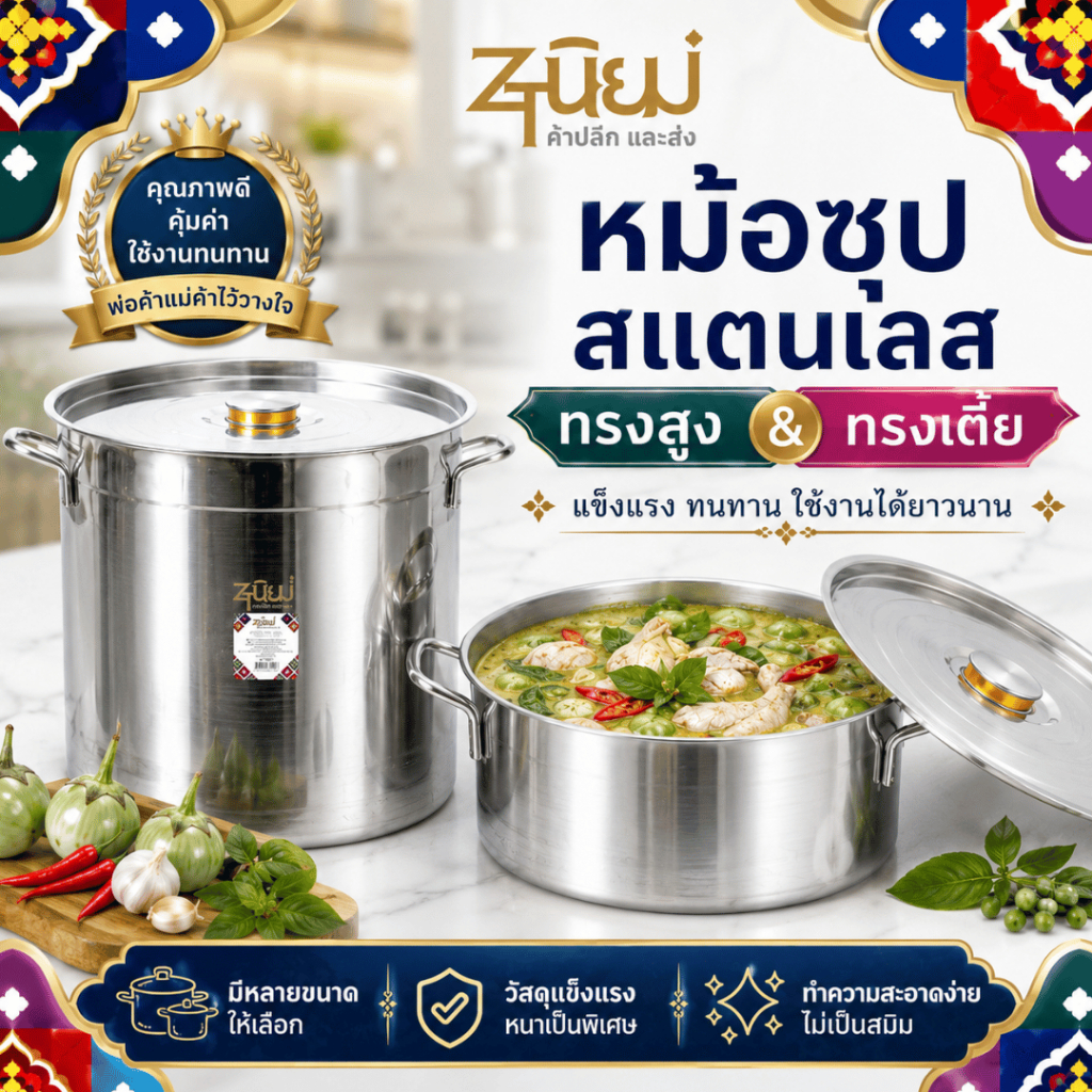 หม้อซุปสแตนเลส หม้อสแตนเลสใบใหญ่ ทรงสูง-ทรงเตี้ย หม้อต้มซุป หม้อก๋วยเตี๋ยว หม้อโรงครัว ร้านอาหาร 6-169 ลิตร พร้อมส่งTH