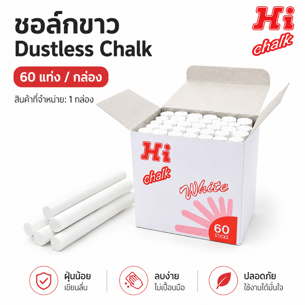 ชอล์กขาว Hi Chalk Dustless Chalk 60 แท่ง/กล่อง สำหรับกระดานดำ โรงเรียน ห้องเรียน 1 กล่อง