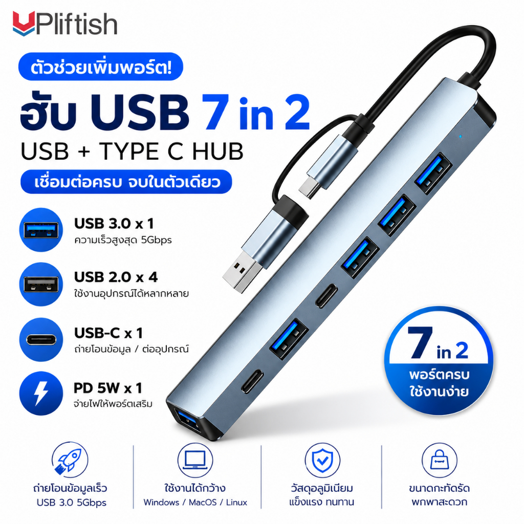 Upliftish USB hub 4/7/8/11 in1 อะแดปเตอร์ฮับ Type-C 5 พอร์ต TF/SD Reader สําหรับแล็ปท็อป/คอมพิวเตอร์
