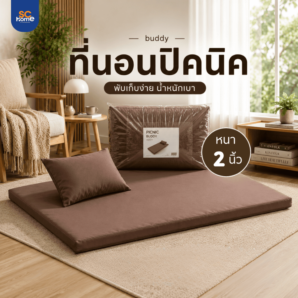 ที่นอนปิกนิก Picnic รุ่น BUDDY ขนาด 3 ฟุต หนา 2 นิ้ว ฟรีหมอนหนุน หุ้มด้วยผ้าไมโคร