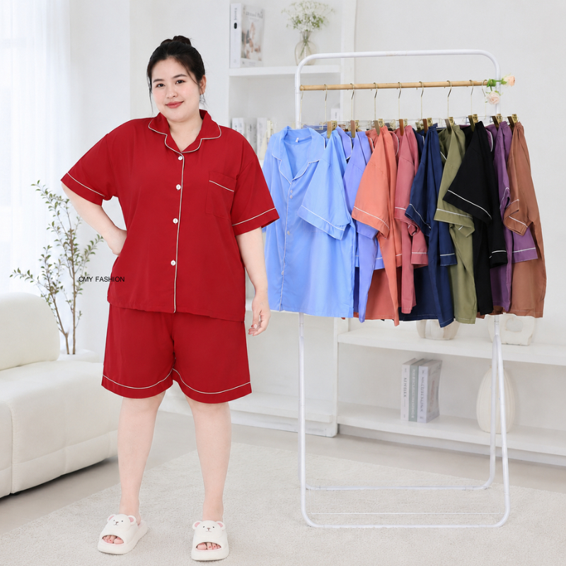 ชุดนอน สาวอวบไซส์ใหญ่ คอปก แขนสั้น กางเกงขาสั้น สีพื้น ผ้าคอตตอนผสม เนื้อผ้านิ่มลื่น ดีไซน์ทรงสวย สไตล์เกาหลี cbs6686#