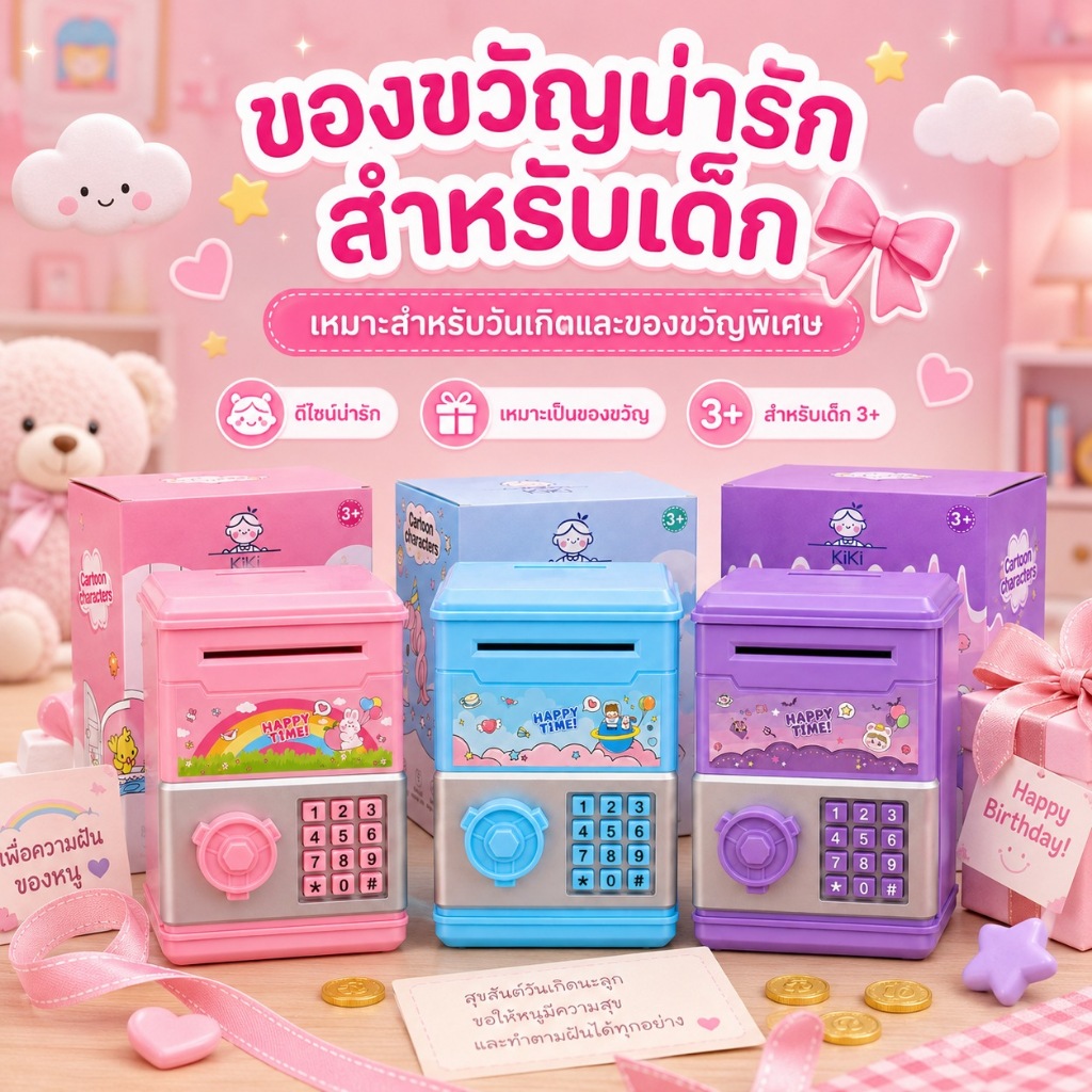 KiKi กระปุกออมสิน ATM 3 สี ใส่เหรียญธนบัตรได้ ปุ่มกดจำลอง ของขวัญเด็ก