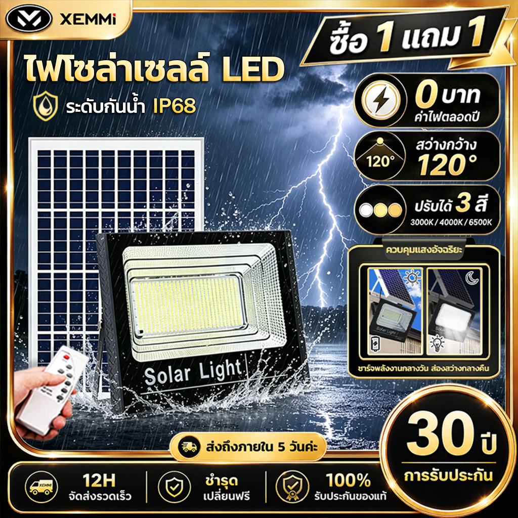 【Xemmi】100000W แสงอาทิตย์กลางแจ้ง IP 68 กันน้ำ และป้องกันฟ้า ไฟสปอร์ตไลท์ LED โคมไฟสนามหญ้า สวนสาธารณะ โคมไฟสวนบ้าน