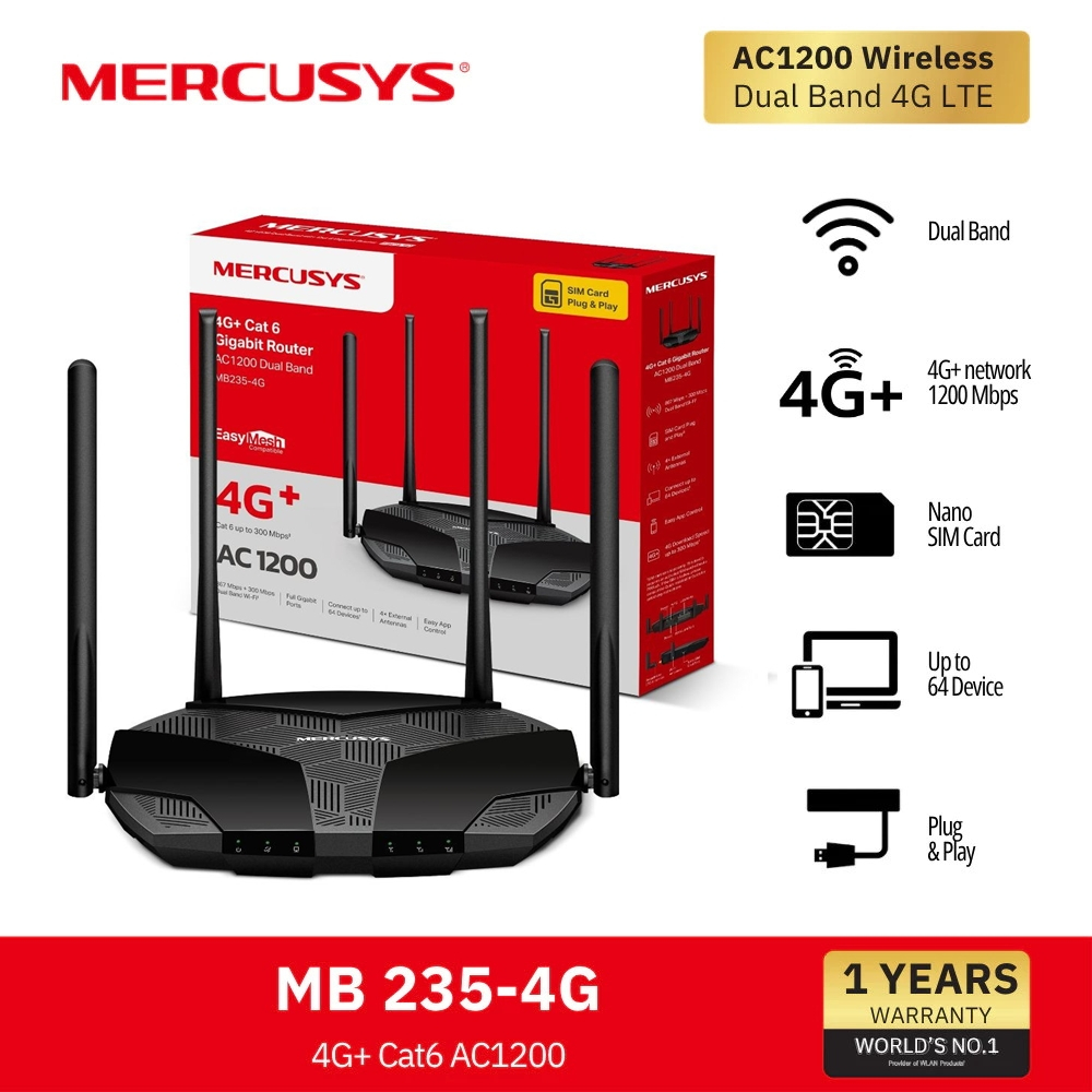 ⚡️เร้าเตอร์ใส่ซิม 4G+⚡️MERCUSYS (MB235-4G) 4G+ Cat6 AC1200 Wireless Dual Band Gigabit Router