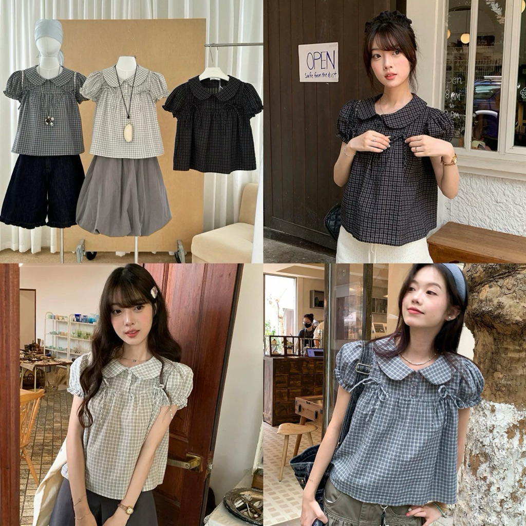 marryme.store | เสื้อลายตารางปกบัวสุดน่ารัก ดีเทลจับจีบช่วงอกและแขนพองเบา ๆ