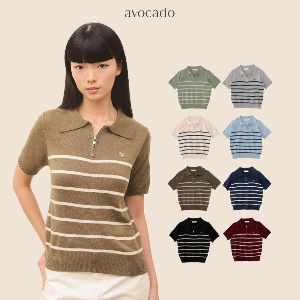 avocado - Tenya Line Tops เสื้อโปโลแขนสั้น ลายทางดีเทลซิปหน้า ผ้าใส่สบาย I มีไซส์อก 38" และ 46"