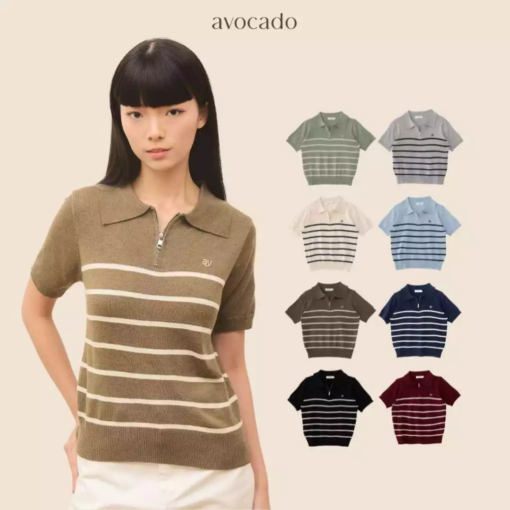 avocado - Tenya Line Tops เสื้อโปโลแขนสั้น ลายทางดีเทลซิปหน้า ผ้าใส่สบาย I มีไซส์อก 38" และ 46"