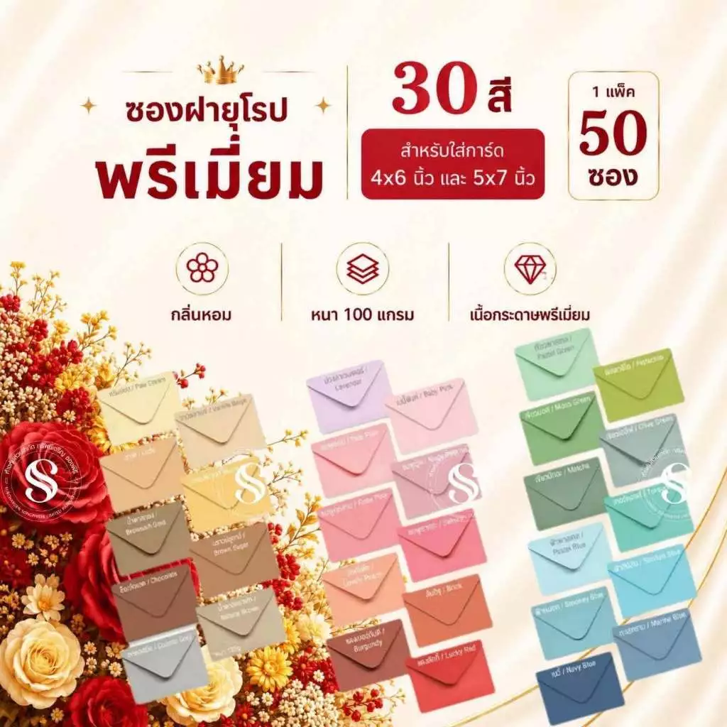 ซองใส่การ์ดงานแต่ง 4x6 นิ้ว เเละ 5x7 นิ้ว ซองฝายุโรป กลิ่นหอม พรีเมี่ยม หนา 100 แกรม (1 แพ็ค 50 ซอง) พร้อมส่ง