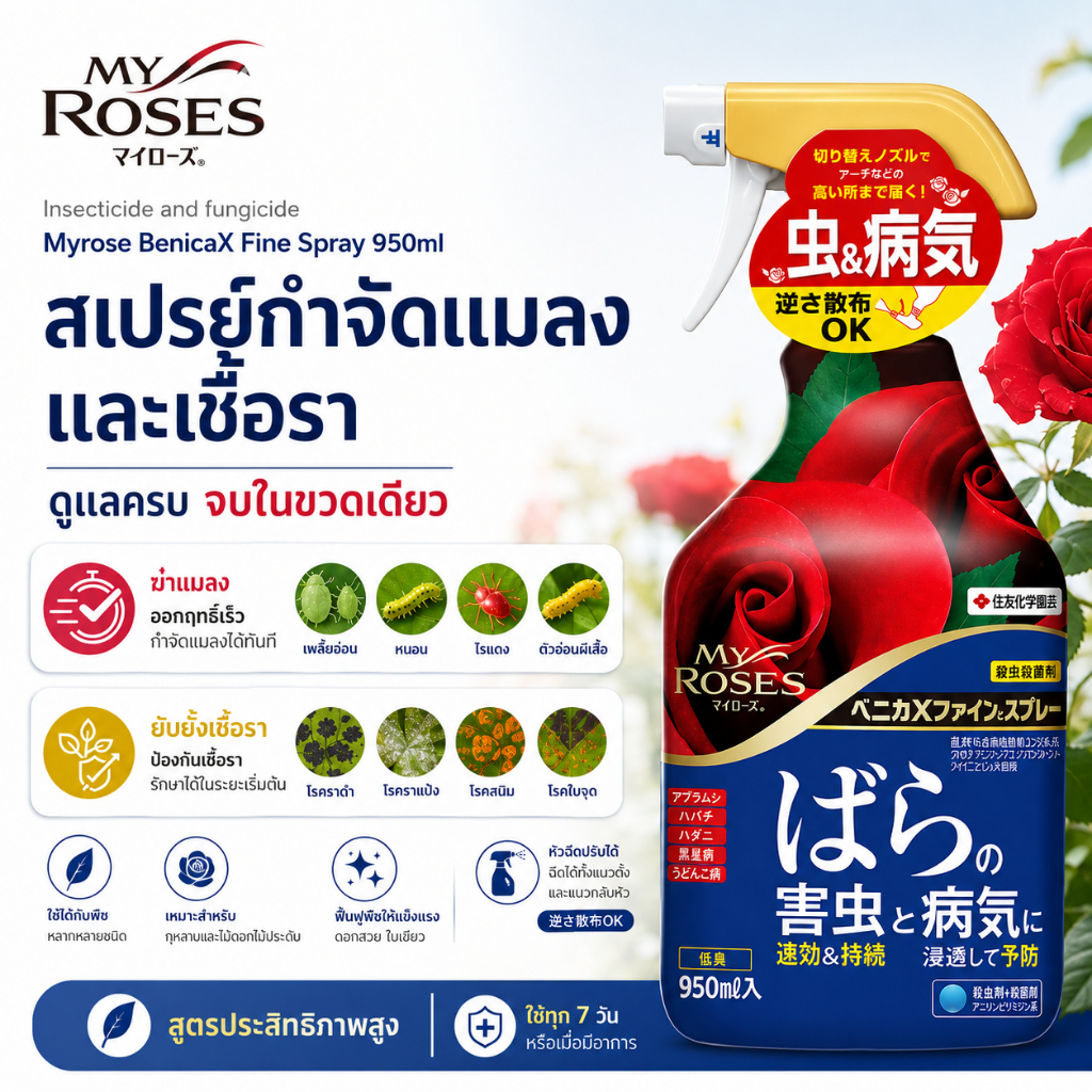 สเปรย์กำจัดแมลง กำจัดเชื้อรากุหลาบ My Rose Benica X ราแป้ง ราสนิม เชื้อราจุด แบคทีเรีย ไม้ดอก พร้อมใช้