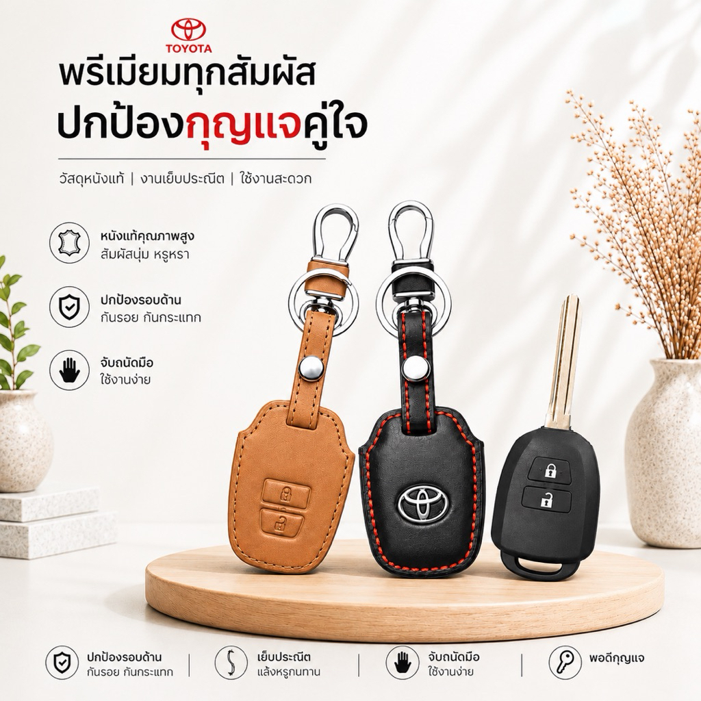ซองหนังแท้ ใส่กุญแจรีโมทรถยนต์ รุ่นดอกกุญแจโลโก้เหล็ก Toyota Vios,Yaris,Commuter 2-3 ปุ่ม