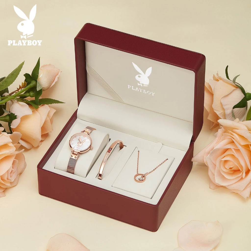 PLAYBOY นาฬิกา ผู้หญิง 100% ต้นฉบับ กันน้ำ สเตนเลส สร้อยคอ กำไล สีไวน์ ชุดกล่องของขวัญ 2037