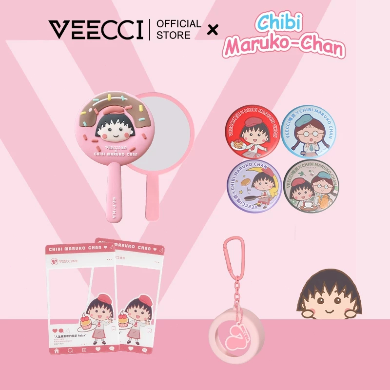 VEECCI X Chibi Maruko- Chan กล่องบลัชออนกระจกมือถือลิปสติกป้ายจี้การถ่ายภาพการ์ดและอุปกรณ์ต่อพ่วงอื่นๆ
