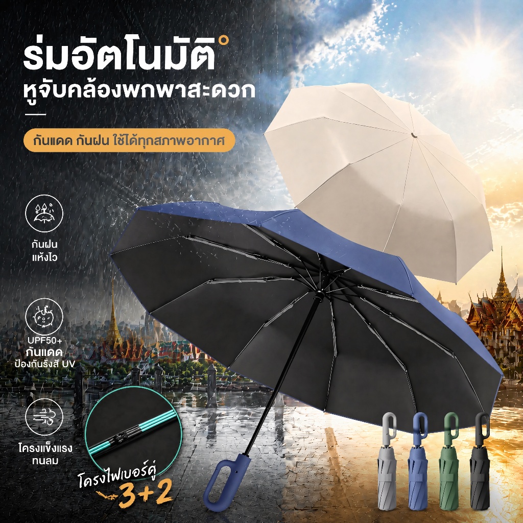 ร่มพับอัตโนมัติ ร่มกันแดดกันฝน ด้ามห่วงแฟชั่น กันยูวี 99% โครงไฟเบอร์คู่ 3+2 โครงแข็งแรง ทนลมแรง น้ำหนักเบา พกพาสะดวก