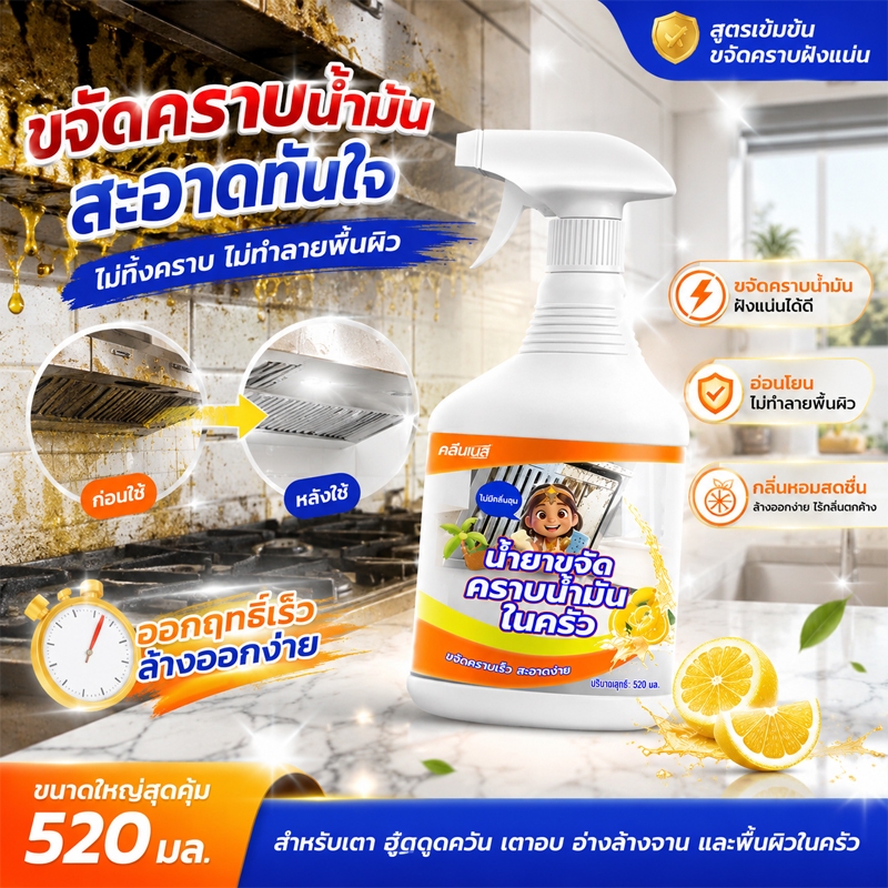 สเปรย์ขจัดคราบมันในครัว น้ำยาทำความสะอาดคราบฝังแน่น คราบน้ำมันหนัก ฉีดเช็ดสะอาด ใช้กับเตาแก๊ส เครื่องดูดควัน หม้อ กระทะ