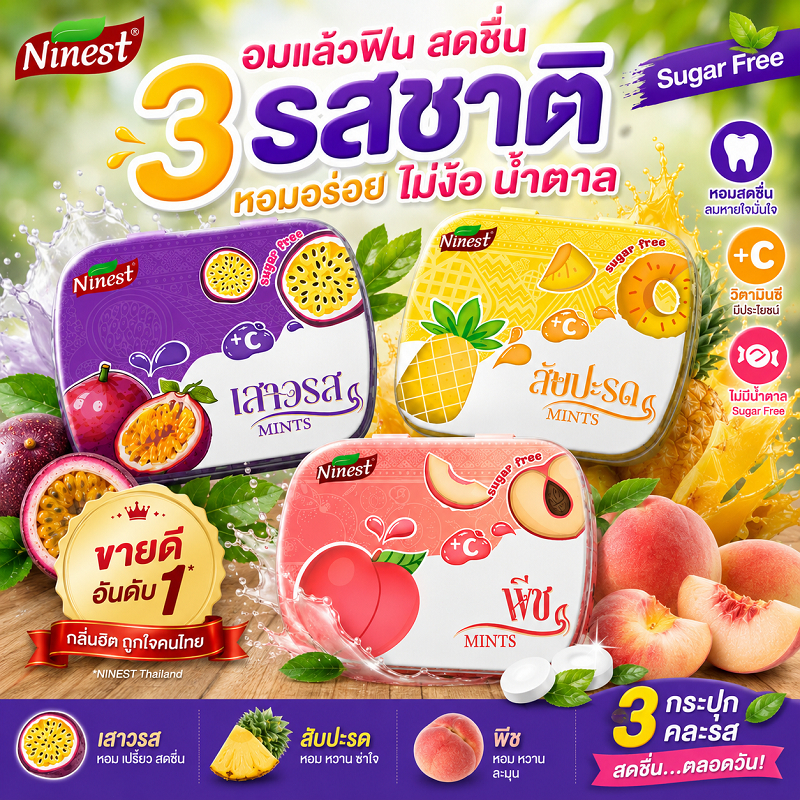 Ninest ลูกอมมิ้นท์(14 กรัม) น้ำตาล 0% รสผลไม้: พีช สับปะรด เสาวรส เย็นสดชื่นกลิ่นผลไม้ ลูกอมเด็ก เม็ดจิ๋ว