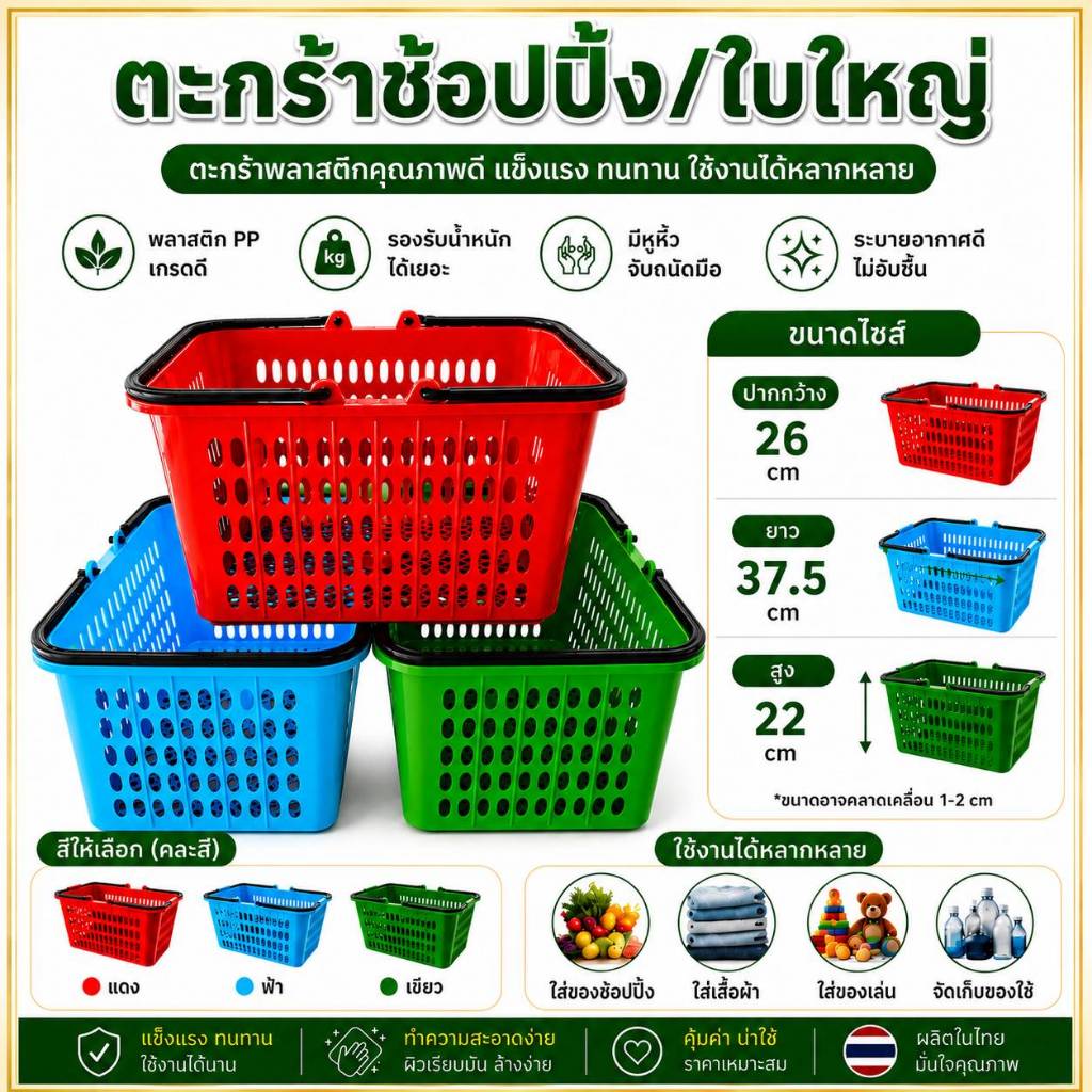 ( แพค3 ใบ ) ตะกร้าช้อปปิ้ง ตะกร้าหูหิ้วพลาสติก ตะกร้าอเนกประสงค์ ใบใหญ่ ใบหนา จุของได้เยอะ