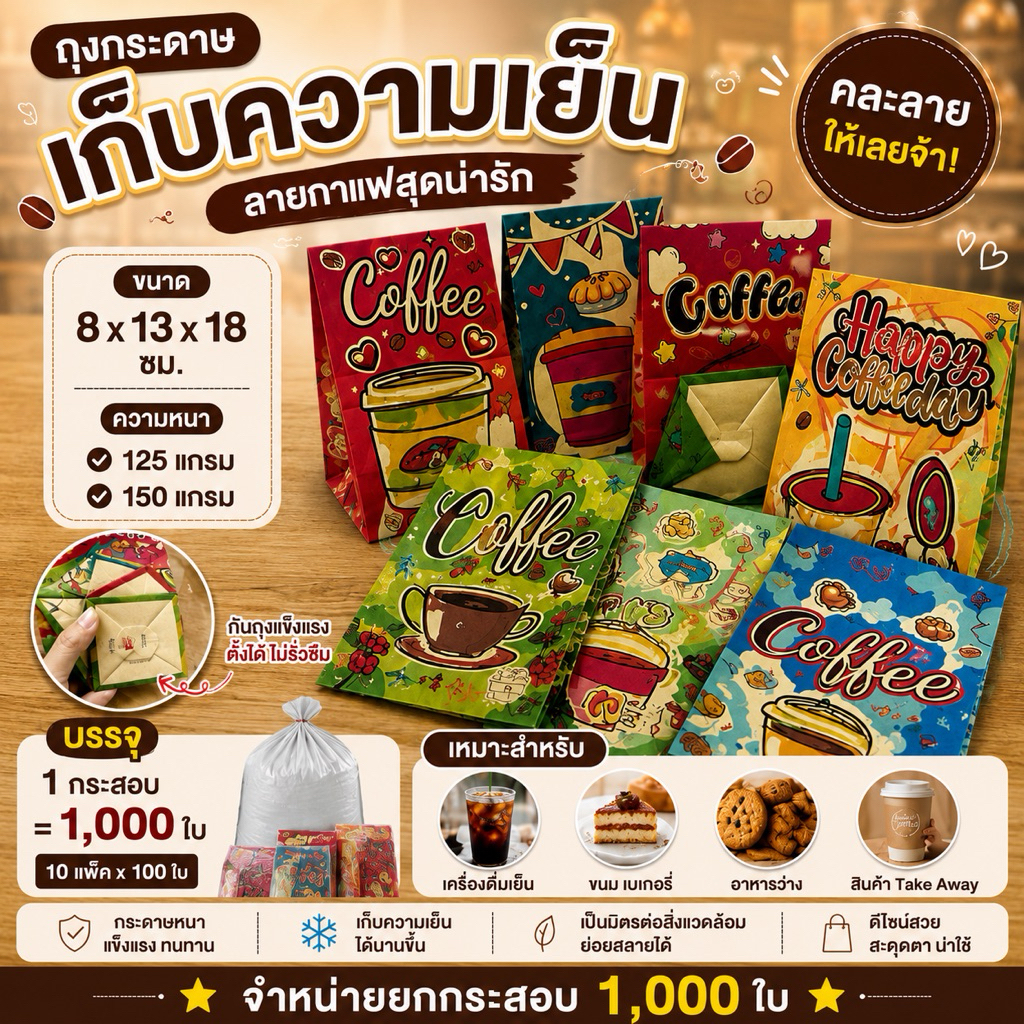 ถุงกระดาษเก็บความเย็น สีน้ำตาล,ลาย ถุงกระดาษใส่กาแฟ 125แกรม ( N )***ยกกระสอบ1,000ใบ***สีสด